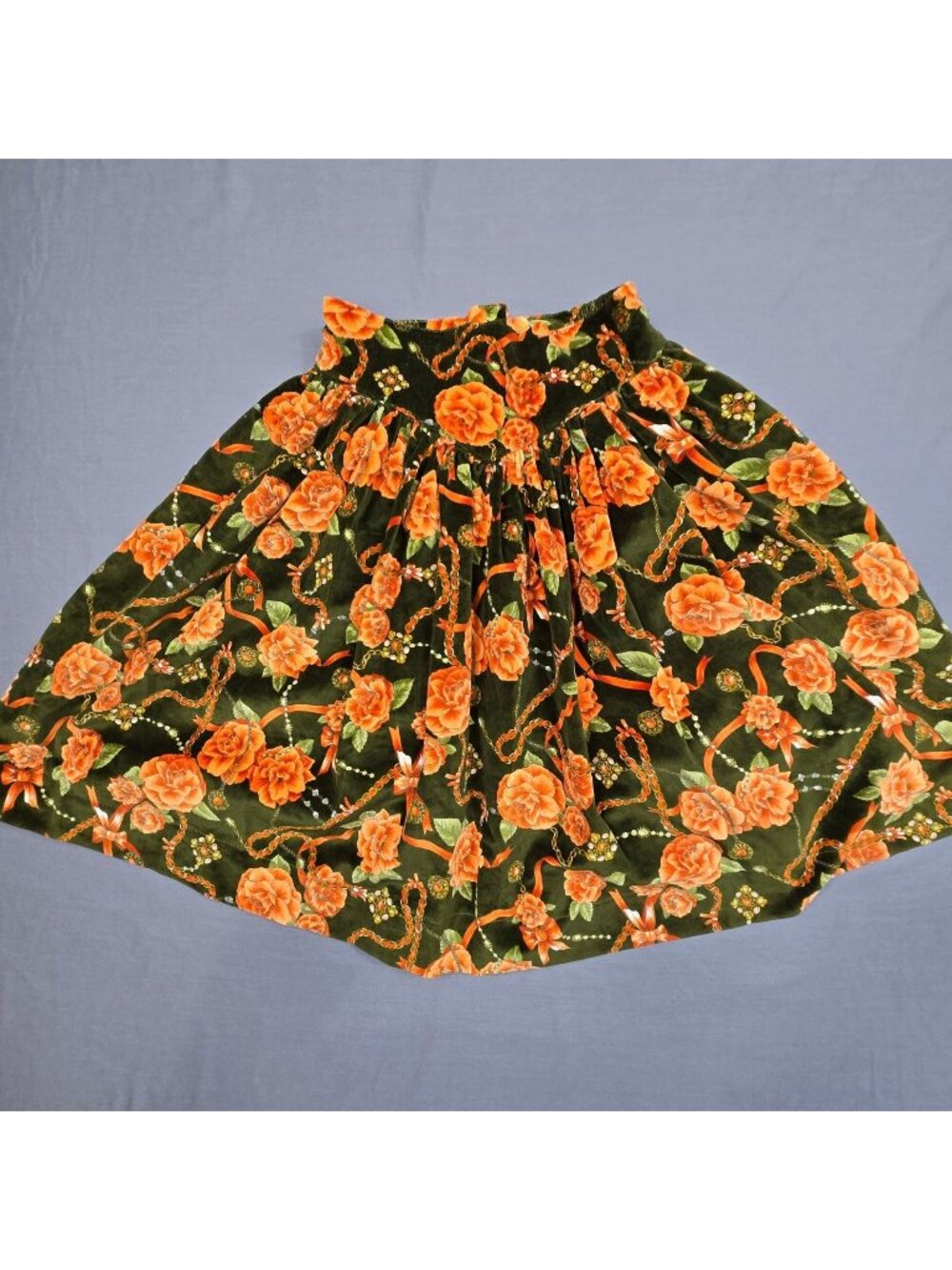Vintage Monnalisa Skirt Small Floral Velvet Green Orange Gold Italy Romantic